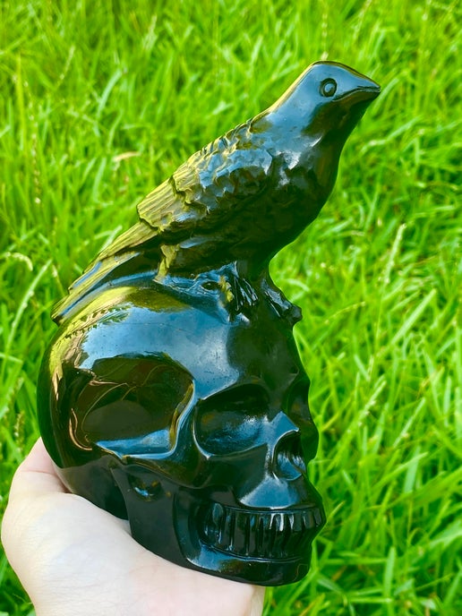 6" Black Obsidian Skull with Crow