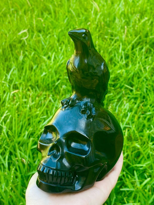 6" Black Obsidian Skull with Crow